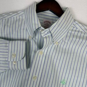Brooks Brothers Dress Shirt Mens Medium Long Sleeve Vertical Stripe Embroidered‎